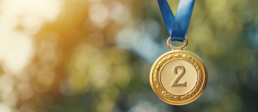 Golden second place medal hanging from a red ribbon represents achievement and the pursuit of excellence