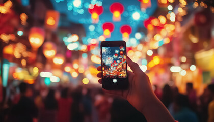 A hand holds a smartphone capturing fireworks and lanterns during a vibrant street festival filled with visitors enjoying the festive atmosphere.