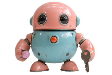 Cute chubby pastel robot toy with retro futuristic design, soft rounded edges, playful character, small key accessory, and high-detail 3D render in minimalist style
