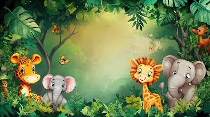 A watercolor-style cartoon frame of safari animals borders a cute zoo background.