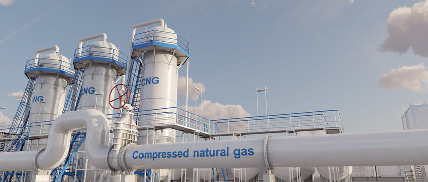 CNG (Compressed Natural Gas) facility. Specialized infrastructure designed to store, compress, and distribute natural gas. Gas is supplied to the facility via pipelines. 3D illustration