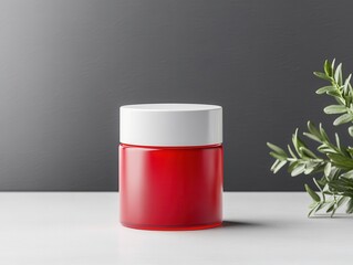 Red cream jar mockup concept. A simple red cosmetic jar with a white lid is placed on a clean surface beside a green olive branch.