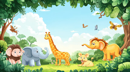 Naklejka premium A watercolor-style cartoon frame of safari animals borders a cute zoo background.
