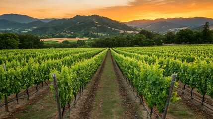 Naklejka premium Vineyards in Napa Valley at sunset with rolling hills