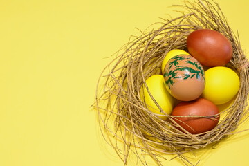 yellow and brown Easter eggs in a nest copy space