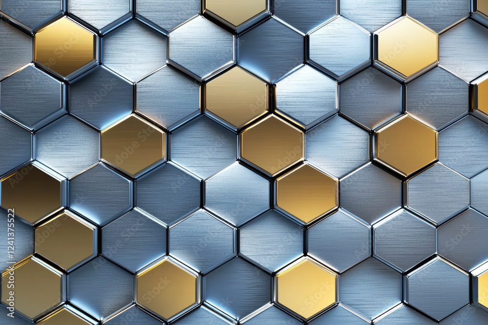 Poster repeating pattern of metallic hexagons in shiny silver and gold tones creating a sleek geometric tex