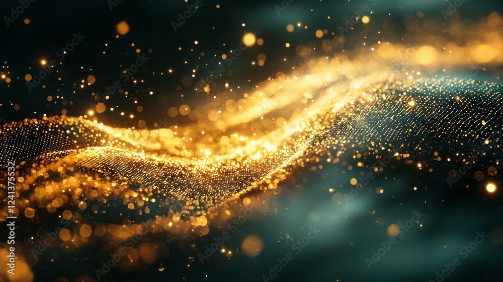 Poster in a mesmerizing display, golden particles gracefully flow and intertwine in an enchanting dance, ev