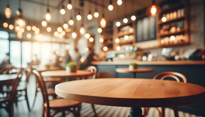 cafe restaurant shop interior empty wooden table blurry bokeh effect background light decor. perfect for product display placement montage photoshoot indoor high quality counter top warm cozy back