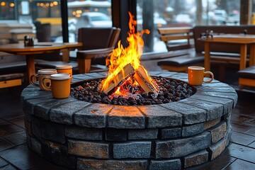 Cozy outdoor fire pit with warm drinks on a chilly day