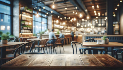 cafe restaurant shop interior empty wooden table blurry bokeh effect background light decor. perfect for product display placement montage photoshoot indoor high quality counter top warm cozy back
