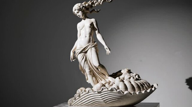 White marble statue of venus standing on a giant scallop shell, illuminated by a spotlight against a dark gray background, creating a dramatic and artistic presentation of classical mythology