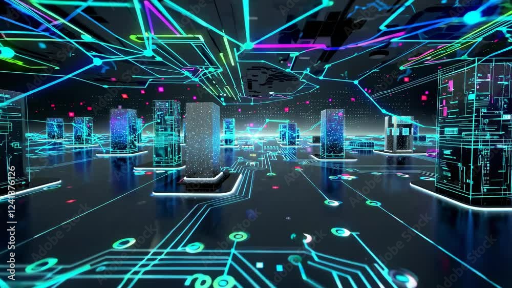 Poster complex network of interconnected servers exchanging data through glowing digital lines in a futuris