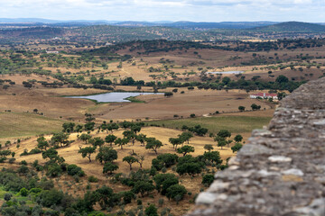Naklejka premium Aerial view since the castle of the beautiful medieval village of Alegrete in the Mamede Mountains Natural Park of Portugal.