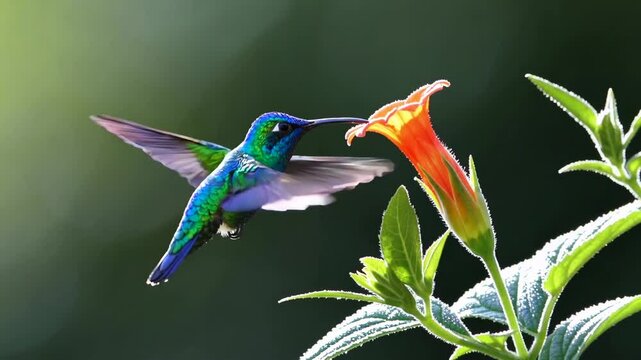 hummingbird sipping nectar from a trumpet-shaped flower
