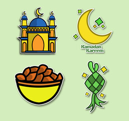 Ramadan Kareem Sticker Set with Mosque, Crescent Moon, Dates, and Ketupat