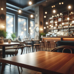 cafe restaurant shop interior empty wooden table blurry bokeh effect background light decor. perfect for product display placement montage photoshoot indoor high quality counter top warm cozy back
