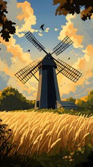 Photo of a historical windmill in the English countryside at sunset
