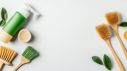 Eco friendly cleaning products with bamboo brushes and natural ingredients