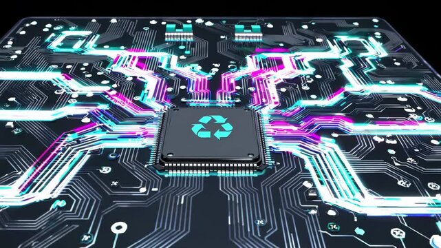 Glowing cpu with recycling symbol represents eco-friendly disposal and reuse of electronic components, highlighting circular economy and environmental responsibility in technology