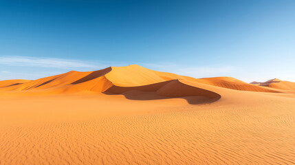 Dramatic desert landscape with orange sand dunes under clear blue sky