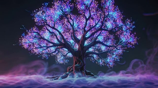Majestic tree glowing with vibrant branches illuminates a misty, otherworldly landscape, crafting a mesmerizing and enchanting night scene filled with ethereal beauty