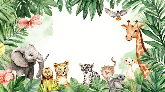 Fototapeta A watercolor-style cartoon frame of safari animals borders a cute zoo background.