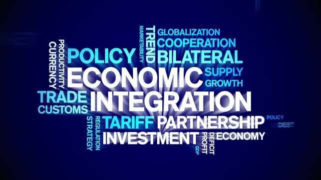 Economic integration animated word cloud;text design animation tag kinetic typography seamless loop.