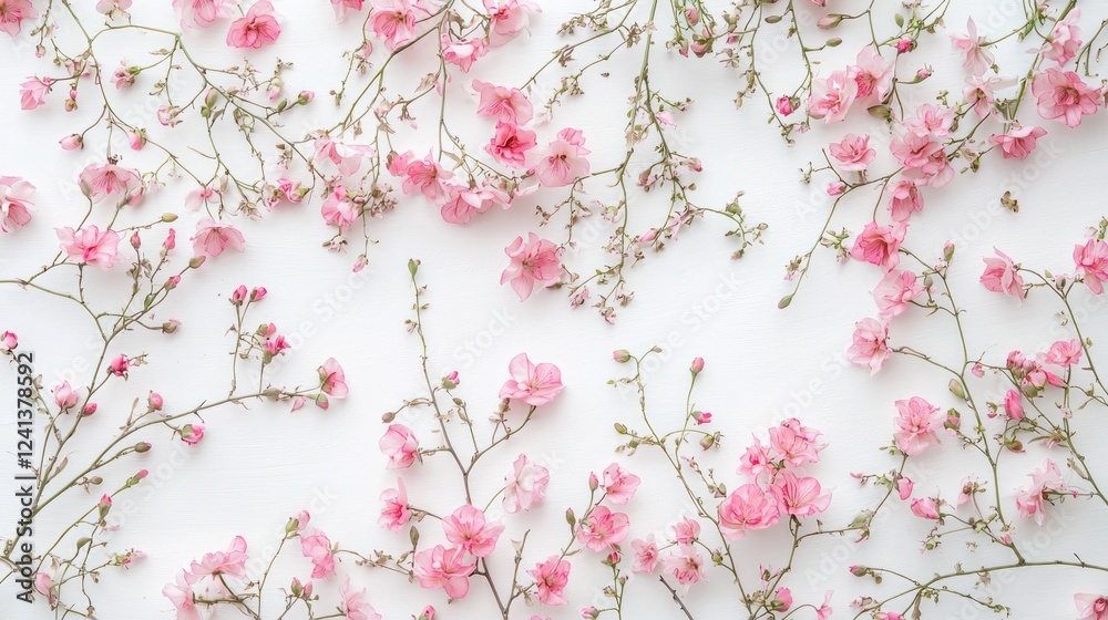 Poster soft pink flowers and branches create an elegant composition against a plain white backdrop. this se
