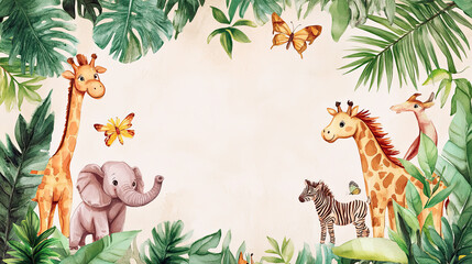 Obraz premium A watercolor-style cartoon frame of safari animals borders a cute zoo background.