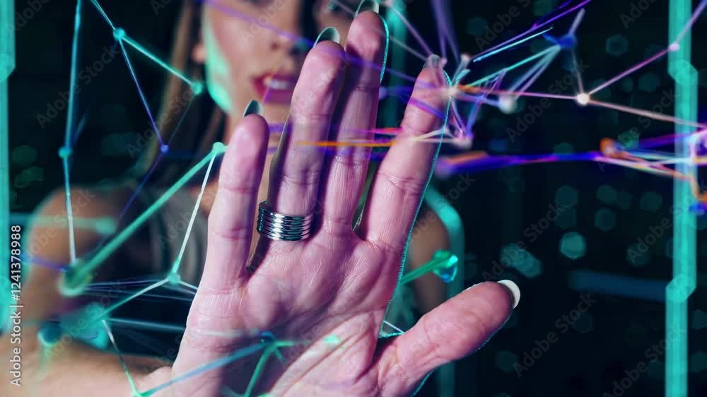 Poster woman uses a hand gesture to interact with a futuristic visualization of a network, with glowing lin