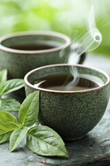 Soothing herbal tea preparation with fresh herbs, steam rising from a cup, and a cozy ambiance promoting tranquility and warmth.