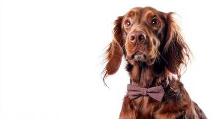 Fluffy dog in bow tie studio setting pet portrait playful atmosphere close-up charming personality