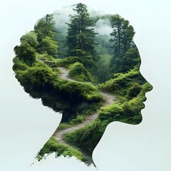 Silhouetted Human Head Filled with Tranquil Forest Landscape
