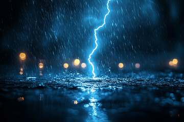 Fototapeta premium Intense lightning strikes water during heavy rainstorm at night, illuminating the dark sky with electric blue hues
