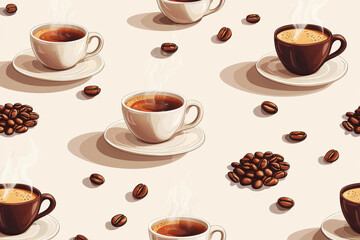 Obraz premium Seamless pattern featuring coffee beans and steaming cups on a warm beige background