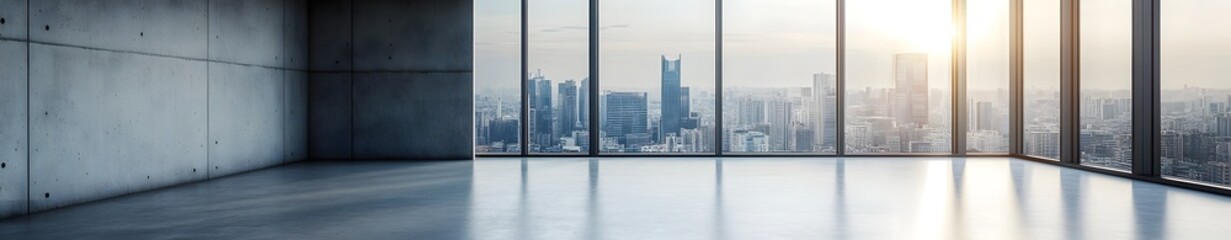 Modern Minimalist Concrete Room with Stunning City Skyline View