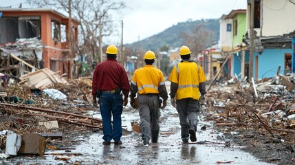 Three dedicated workers in bright helmets traverse a debris-laden street, confronting the powerful aftermath of a fierce storm that has ravaged their community