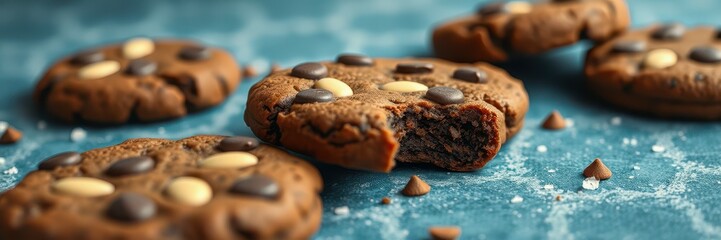 Cookies with chocolate chips and nuts on a blue textured surface ready to be enjoyed with a warm beverage
