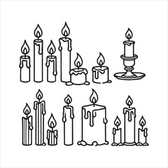 Set of Extinguished candle and wax candlelight with flame silhouette on white background
