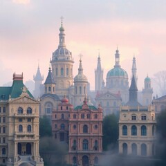 Obraz premium Misty Morning European Cityscape with Ancient Churches