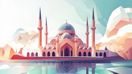 A Low Polygonal Mosque Reflecting in Still Water