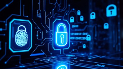 Obraz premium A futuristic cybersecurity scene with a glowing digital lock, fingerprint scanner, and encrypted password interface. Neon blue light, binary code, and security icons