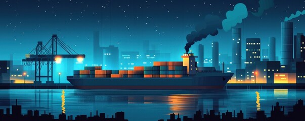 Obraz premium Nighttime cargo ship docked at an industrial harbor under a starry sky