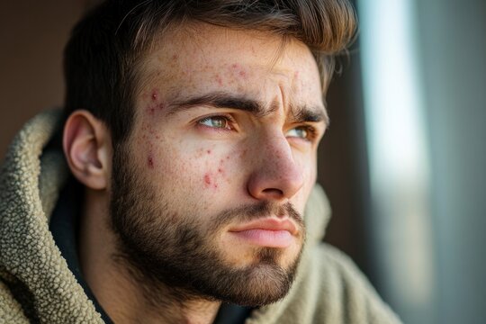 Portrait of a sad young man with acne and redness on his face