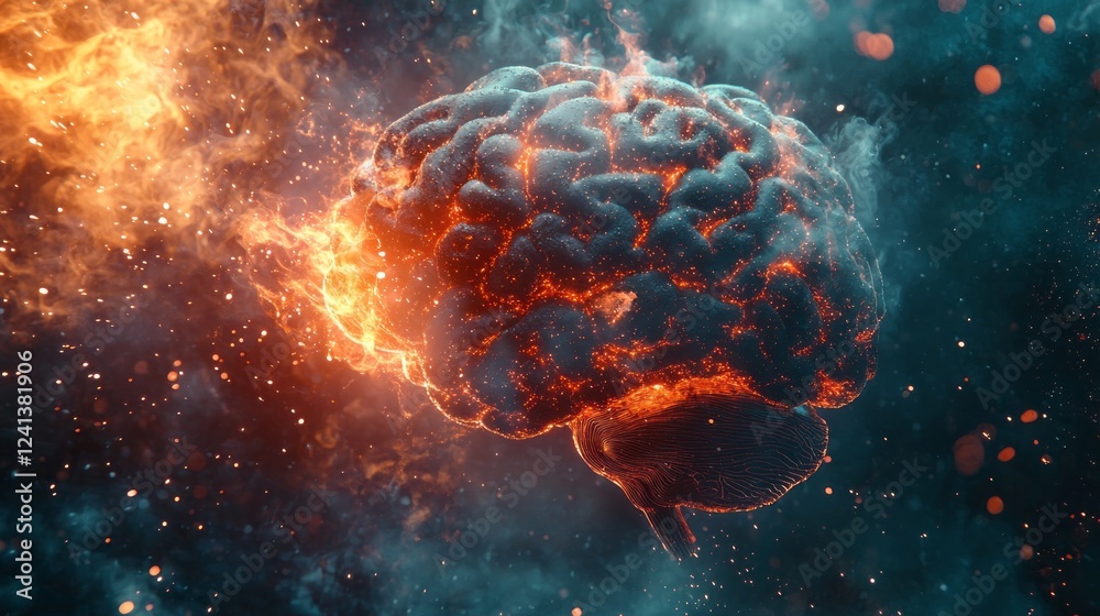 Poster amidst an enchanting cosmic landscape, a vibrant brain ignites in fiery brilliance, surrounded by sw