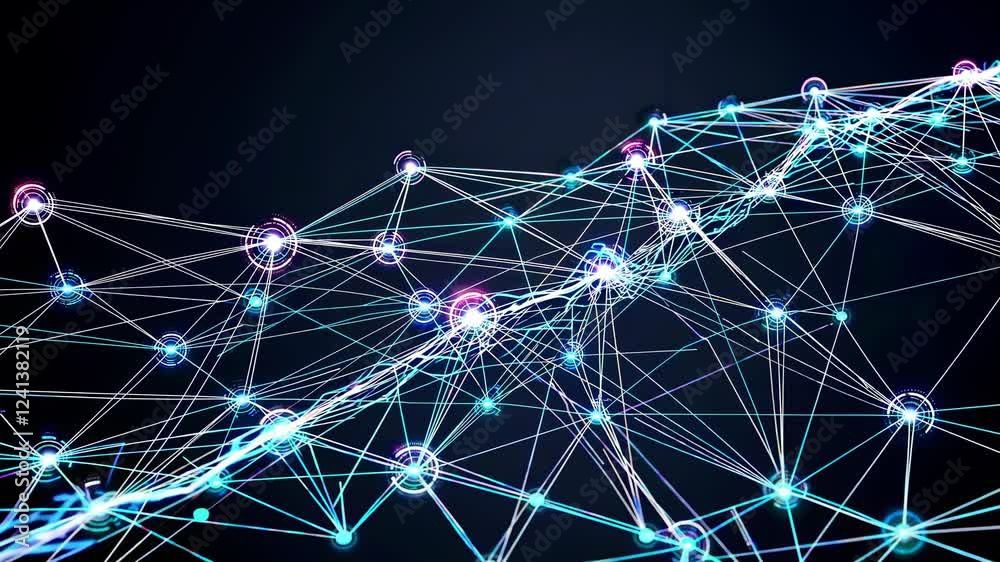 Poster complex network is transferring data through futuristic connections and nodes, creating a visual rep