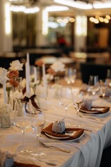 stylish details of a decorated festive table in a restaurant with a blurred background