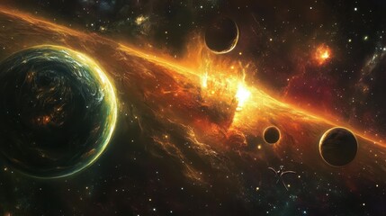 Fiery Nebula Cosmic Scene With Planets And Spaceship