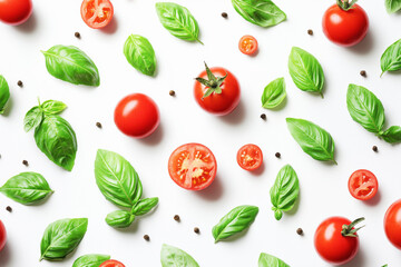 Fresh basil leaves and ripe tomatoes create a vibrant seamless pattern for culinary inspiration in recipes and decor