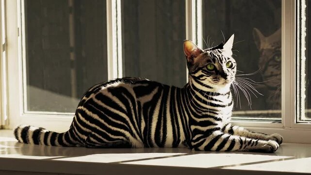 Toyger cat with unique zebra-like stripes is lying on a window sill, enjoying the sunlight streaming through the window, creating a striking visual contrast